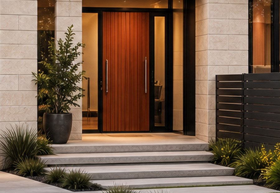 Timber entrance door in a modern facade