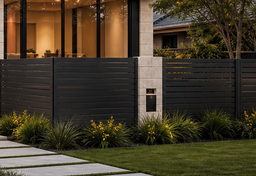 Horizontal graphite fence in front of a modern home