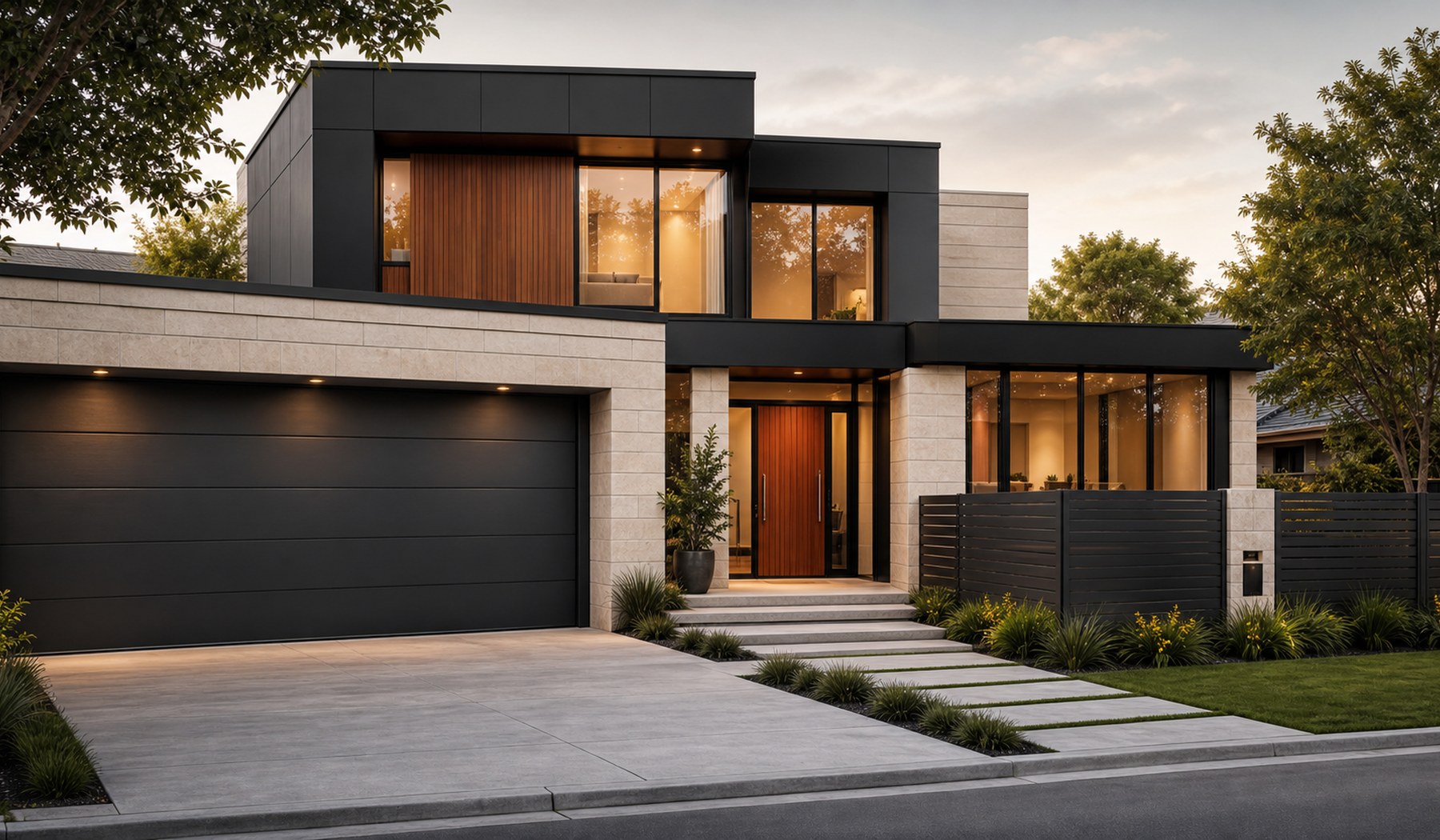 Modern home with graphite garage door, aluminium windows, timber entrance door and matching fence