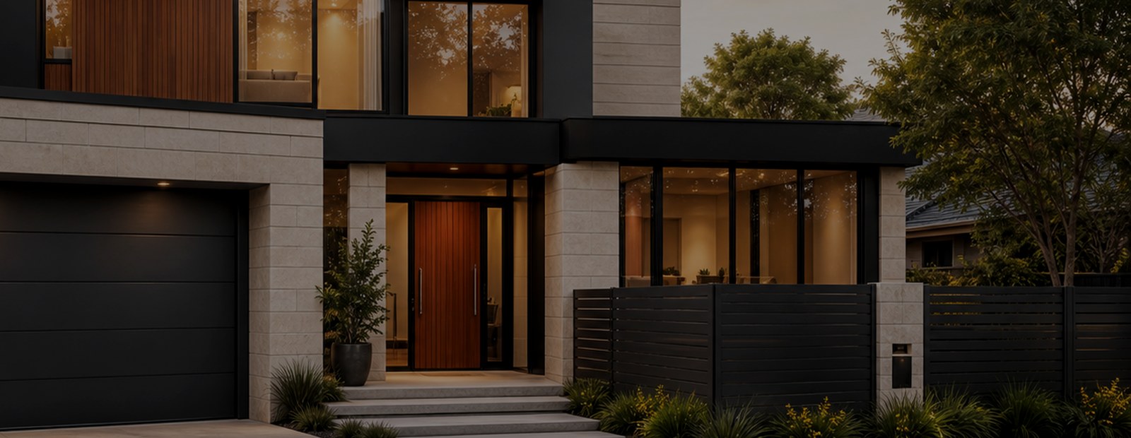Evening view of a modern home exterior