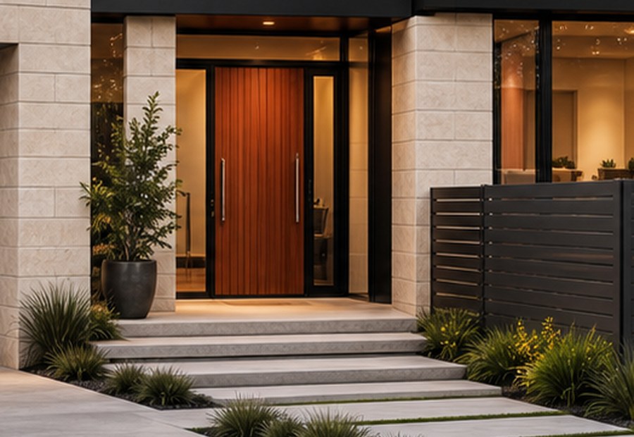 Warm timber entrance door with side glazing