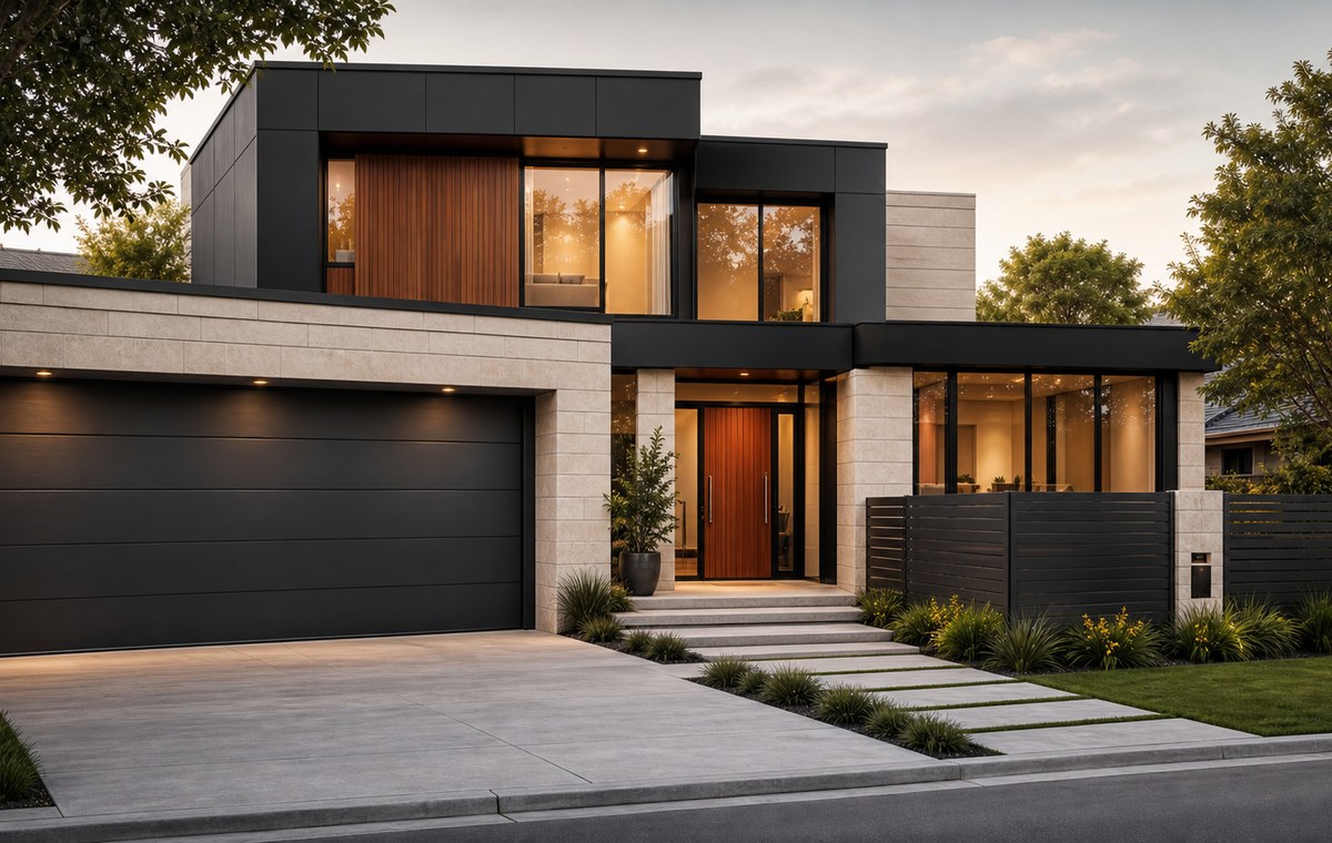 Modern complete home exterior with matching garage door, doors, windows and fence