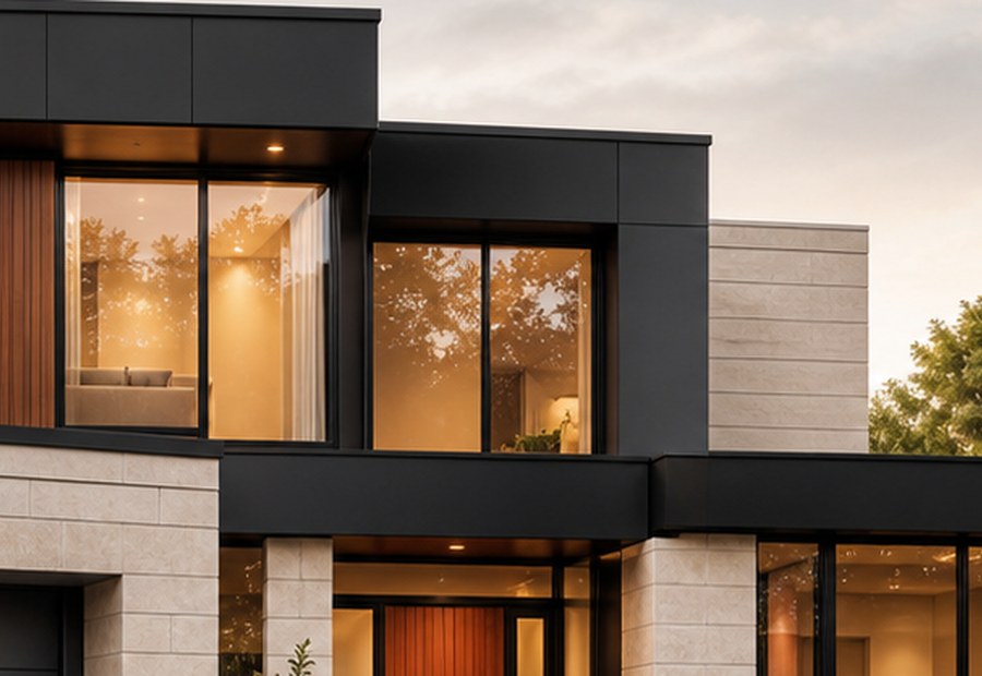 Large aluminium windows with warm interior light